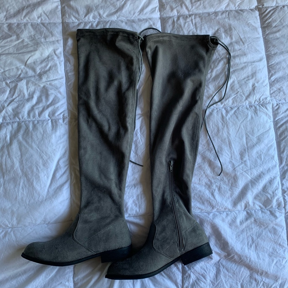 Grey knee high boots